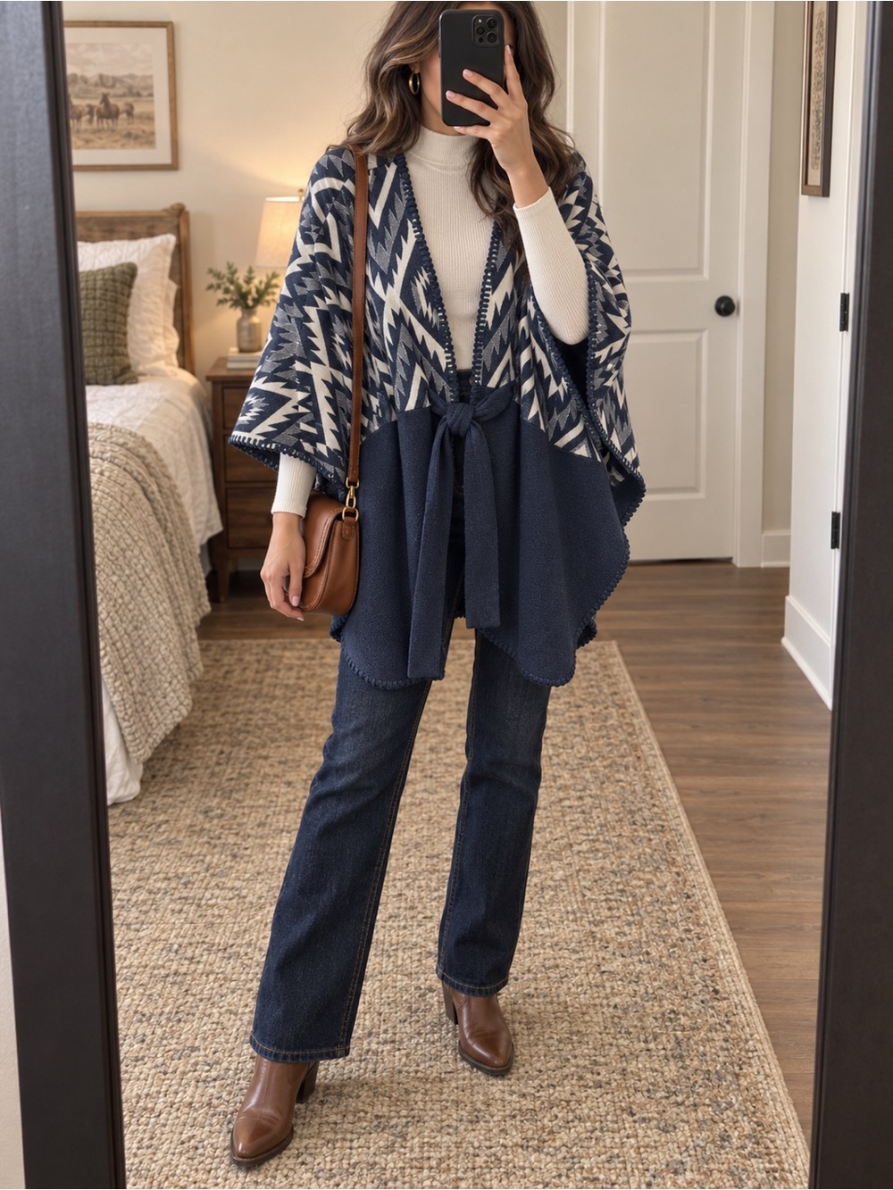 Ariat Navy and Cream Aztec Tie-Front Poncho